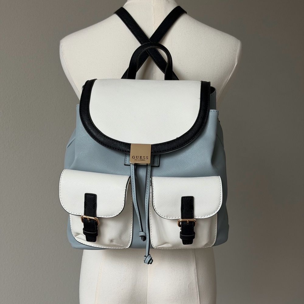 Everyday GUESS Gammill White, Light Blue & Black Dual Buckled Pockets Backpack - Picture 2 of 16